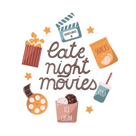 Hand drawn vector text lettering - Late night movies, decorated with stars and cinema or movie icons in cartoon doodle style. Concept of watching movies at home till late nightのイラスト素材