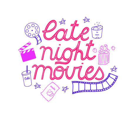 Hand written vector card with neon colored  lettering - Late night movies with line art cinema icons. Isolated vector illustrationのイラスト素材