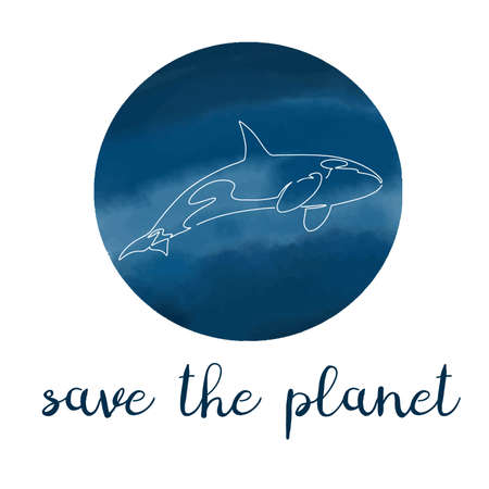 Hand drawn watercolor blue ocean circle with linear Orca killer whale, text save the planet, isolated vector illustrationのイラスト素材
