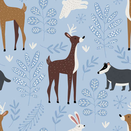 Hand drawn vector seamless pattern with forest folk like deer, badger and hare and botanical motif in Scandinavian styleのイラスト素材