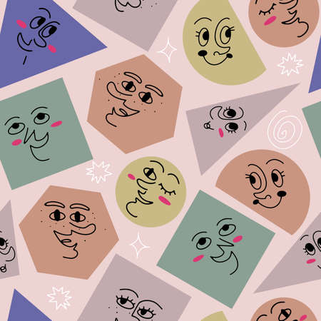 Vector seamless pattern with funny geometric shapes and forms with smiley faces and red cheeksのイラスト素材
