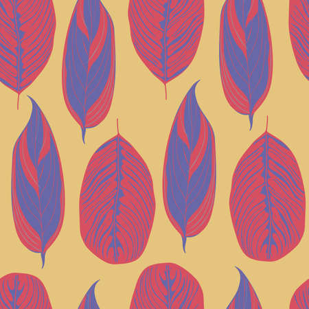 Hand drawn vector seamless pattern with calathea and marantha tropic leaves in bright three colorsのイラスト素材