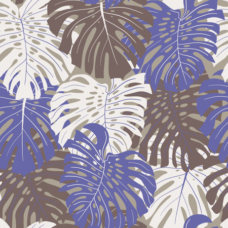 Hand drawn seamless vector pattern with lilac monstera deliciosa palm leavesのイラスト素材