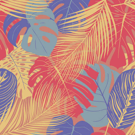 Hand drawn vector seamless pattern with various palm leaves and exotic plant branchesのイラスト素材