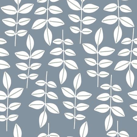Hand drawn vector seamless pattern with simple delicate white plants on blue backgroundのイラスト素材