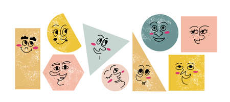 Set of hand drawn cute funny character faces on basic geometric forms with grainy texture, isolated vector illustrationのイラスト素材
