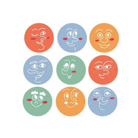 Set of hand drawn funny faces in cartoon mid century style, isolated linear vector illustrationのイラスト素材