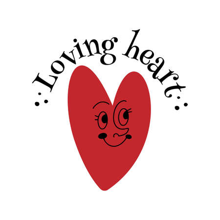 Sweet red heart with a smiling face in mid century modern style with round text lettering - Loving Heart, hand drawn isolated vector illustrationのイラスト素材