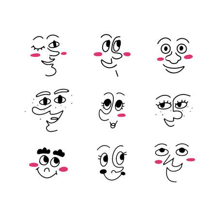 Set of hand drawn funny faces in cartoon mid century style, isolated linear vector illustrationのイラスト素材