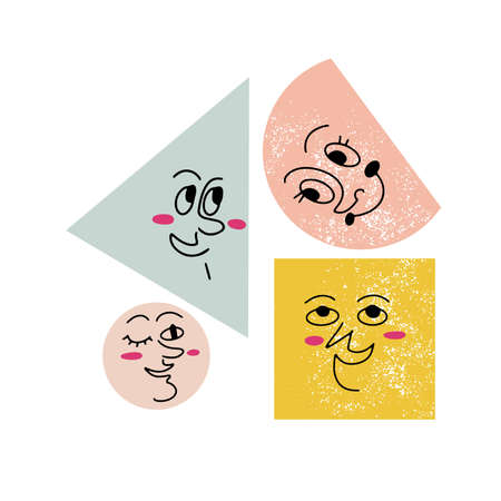 Set with four basic figures or shapes with grain texture with cute smiley faces with red cheeksのイラスト素材