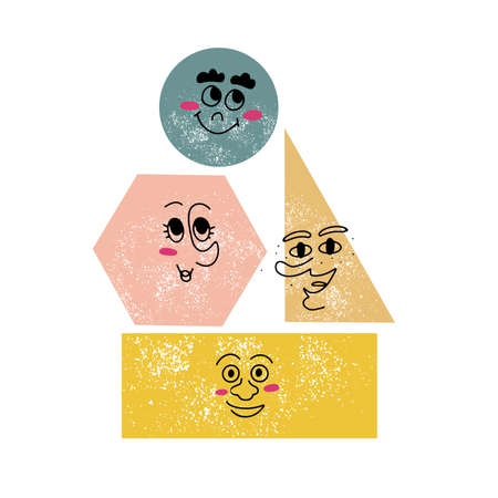 Set with four basic figures or shapes with grain texture with cute smiley facesのイラスト素材