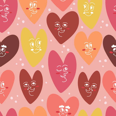 Vector seamless pattern with abstract colorful hearts with smiling faces in mid century modern styleのイラスト素材