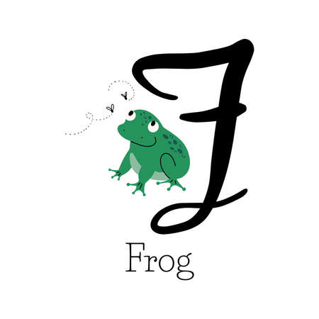 Capital letter F for Frog with little green frog chasing flies, childish alphabet with name of animal, hand drawn vector illustrationのイラスト素材