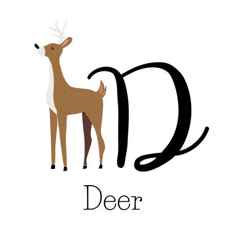 Capital letter D for Deer, with tall deer, childish alphabet with the name of the animal, hand drawn vector illustrationのイラスト素材