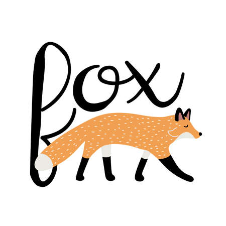 Hand drawn ginger fox and calligraphy text - fox, cute Scandinavian style vector illustrationのイラスト素材
