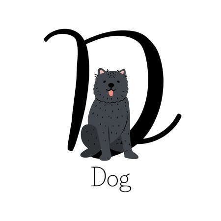 Capital letter D for dog with cute black dog, childish alphabet with the name of the animal, hand drawn vector illustrationのイラスト素材