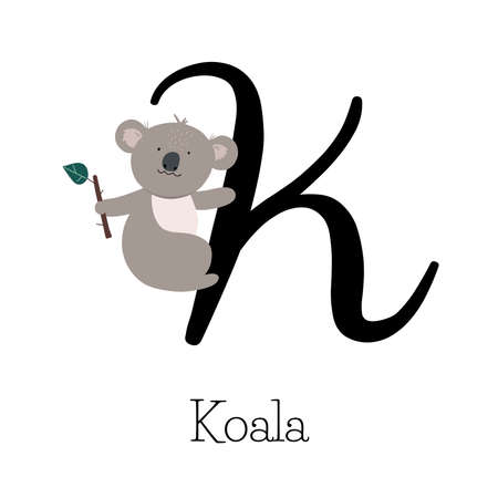 Capital letter K for Koala with little koala bear, childish alphabet with the names of animals, hand drawn vector illustrationのイラスト素材