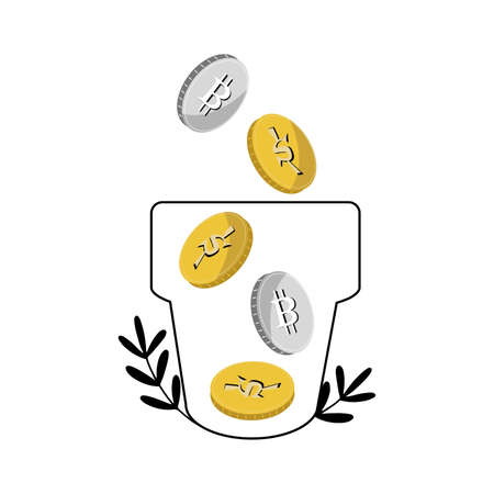 Money coins and crypto coins falling in jar with leaves, concept of growing capital and savings, isolated vector illustrationのイラスト素材