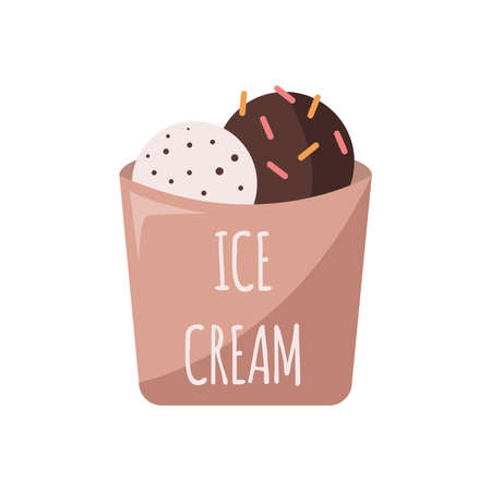 Big ice cream bucket with vanilla and chocolate flavor, flat vector illustrationのイラスト素材