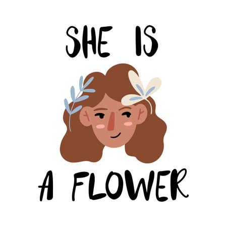 Pretty girl in cartoon style with flowers in her hair and text - She is a flower, card or print, isolated vector illustrationのイラスト素材
