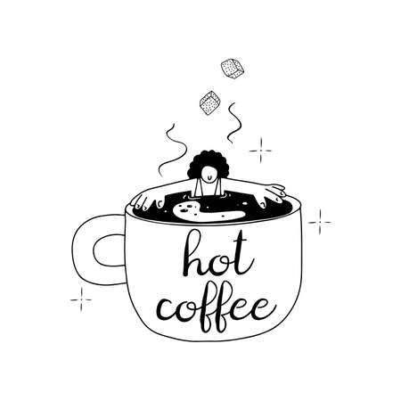 Woman is taking a bath in big cup of coffee, concept of relaxing with coffee drink, isolated vector illustration in linear styleのイラスト素材