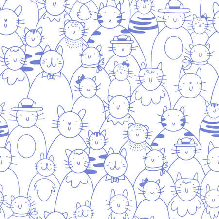 Hand drawn seamless pattern with different doodle cats in linear styleのイラスト素材