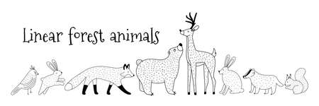 Hand drawn vector set with forest and woodland animals in line art style, isolated vector illustrationsのイラスト素材