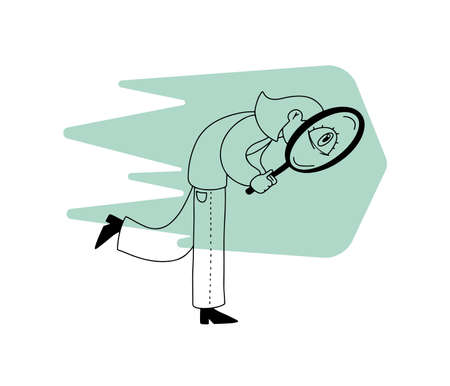 Walking girl with magnifying glass, concept of searching and seeking. Line art style isolated vector illustrationのイラスト素材