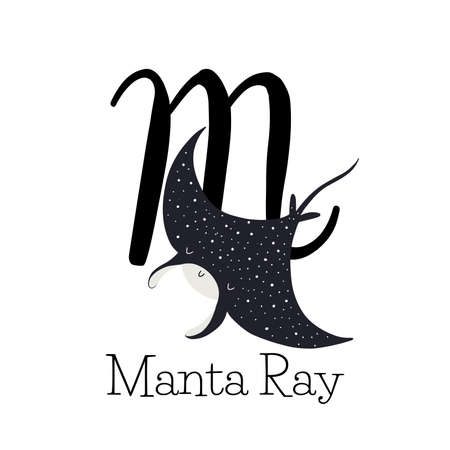 Capital letter M for Manta Ray, with smiling animal, childish alphabetのイラスト素材