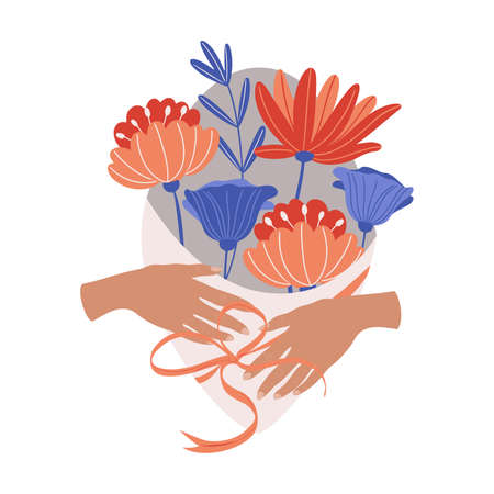 Hands holding bouquet with beautiful flowers, isolated vector template for card or greetingのイラスト素材