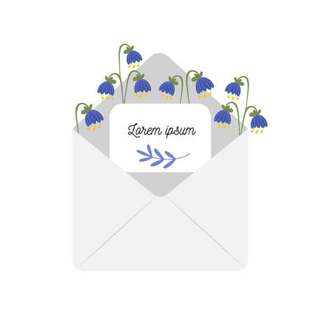 Opened envelope with first spring  flowers snowdrops inside and a template card for text, hand drawn vector illustrationのイラスト素材