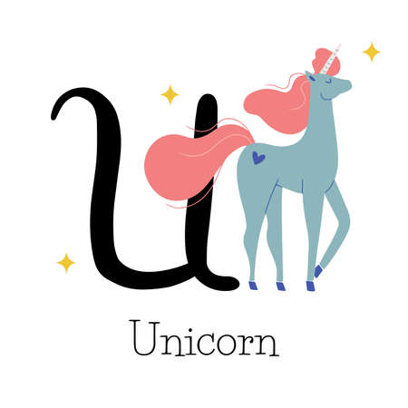 Capital letter U for Unicorn, with fabulous pink mane, childish alphabetのイラスト素材