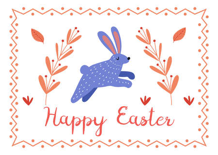 Happy Easter card with jumping blue  bunny rabbit, Scandinavian style isolated vector illustrationのイラスト素材