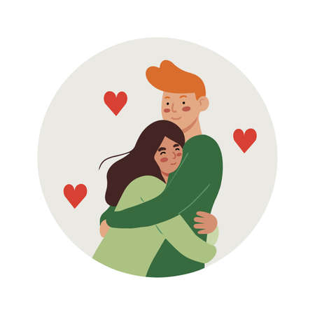 Cute couple hugging, ginger boy and brown haired girl, circle shape vector illustrationのイラスト素材