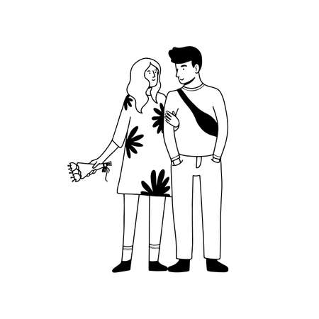 Cute couple, boy and girl on a date, line style vector illustrationのイラスト素材