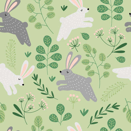 Vector seamless pattern with grey and white bunny rabbits hopping on the green meadowのイラスト素材