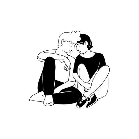 Boy gay couple sitting close to each other being in love, lgbtq pride, doodle line style vector illustrationのイラスト素材