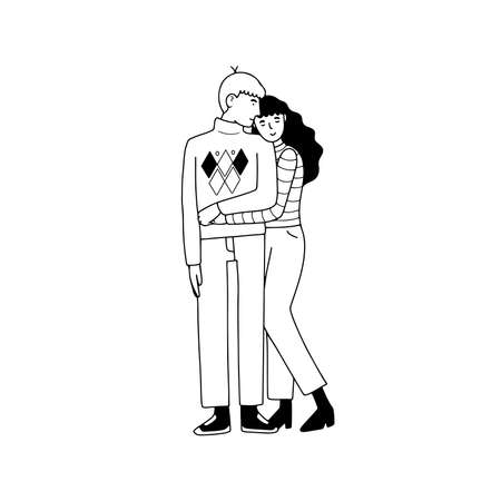 Adult couple, woman and man hugging, line style vector illustrationのイラスト素材