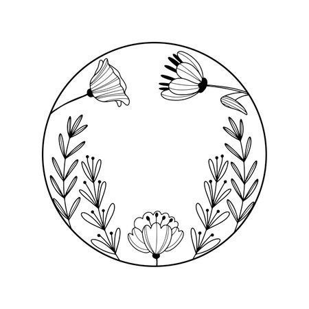 Black and white thank you circle icon, decorated with hand drawn flowers in  line style, isolated vector illustrationのイラスト素材