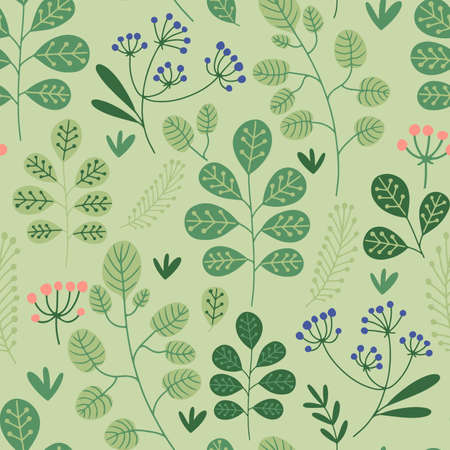 Hand drawn vector seamless pattern  green summer or spring meadow flowers, plants and leavesのイラスト素材