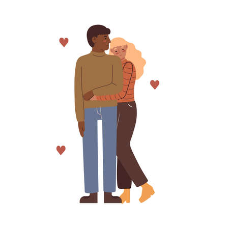 Diverse couple, woman and man hugging, flat style vector illustrationのイラスト素材