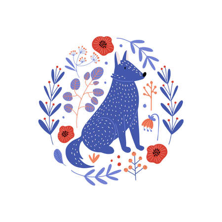 Circle shape icon with blue wolf surrounded with flowers and leaves. Isolated vector illustrationのイラスト素材