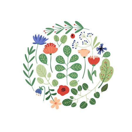 Spring and summer flowers and leaves vector illustration in circle shape, isolated on white backgroundのイラスト素材