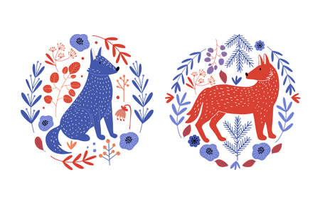 Two circle shape icons with red and blue wolfs, surrounded with flowers and leaves. Isolated vector illustrationのイラスト素材