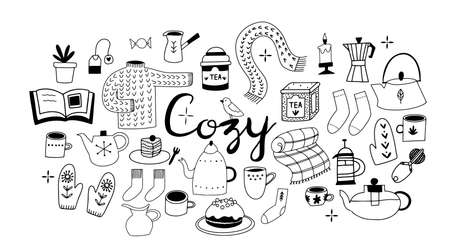 Set of hand drawn cute cozy time objects in line style, isolated vector illustrationsのイラスト素材