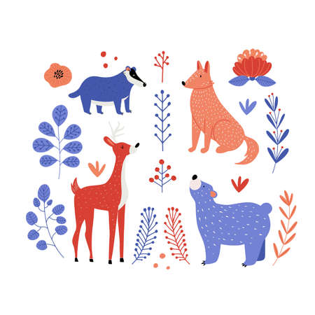 Set with Finnish style forest animals, plants and flowers, isolated on white, hand drawn vector illustration in flat designのイラスト素材