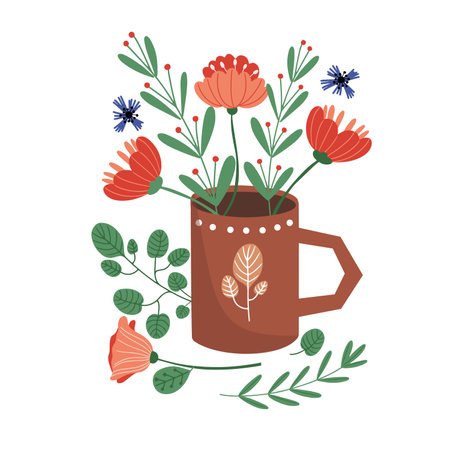 Fresh flowers in big old fashioned clay mug, hand drawn in flat style, isolated vector illustrationのイラスト素材