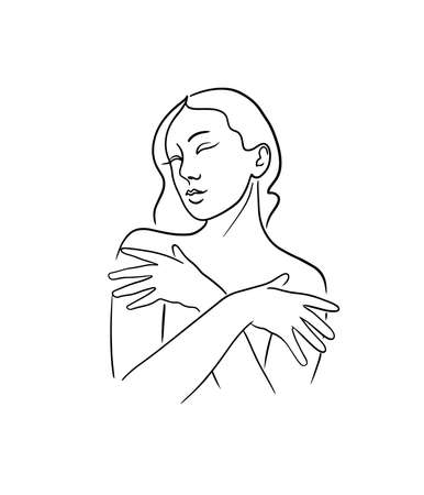 Beautiful line drawn woman gently covering herself with hands, modern style isolated vector illustrationのイラスト素材