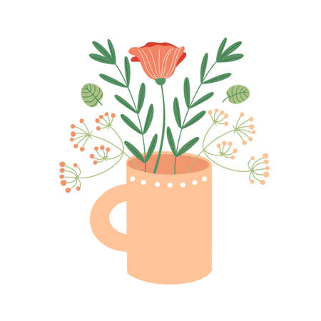 Fresh flowers in pink mug with polka dot motif, hand drawn in flat style, isolated vector illustrationのイラスト素材