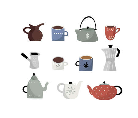 Set of hand drawn cute different  teapots, mugs and cups  in cartoon flat style, isolated vector illustrationのイラスト素材